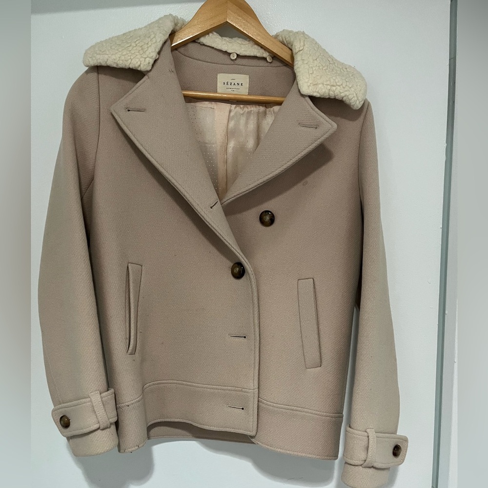 Sezane Taupe Wool Pea Coat with Cream Shearling Collar